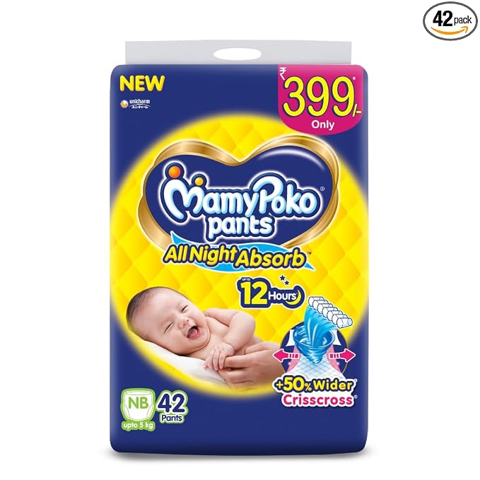 MamyPoko Pants All Night Absorb Baby Diapers, New Born/X-Small (NB/XS), 42 pc