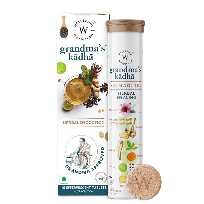 Wellbeing Nutrition Grandma's Kadha with Ayurvedic Herbs Booster for Adults, 15 Effervescent Tablets