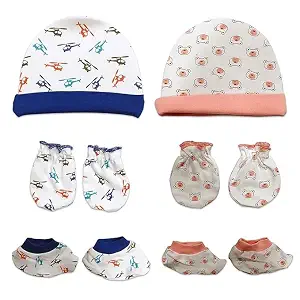 LuvLap 100% Cotton Baby Caps, Mitten Bootie Set (Multicolour) - 1 set