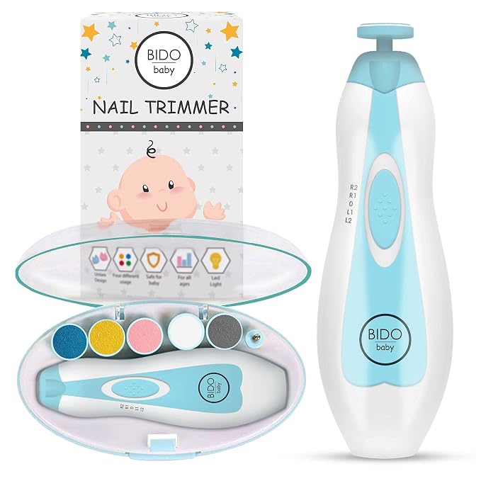 BIDO Baby Nail Trimmer File Electric-Safe Baby Nail Clippers,Manicure Kit for Newborn Toddler and Kids,12 Grinding Heads and LED Light